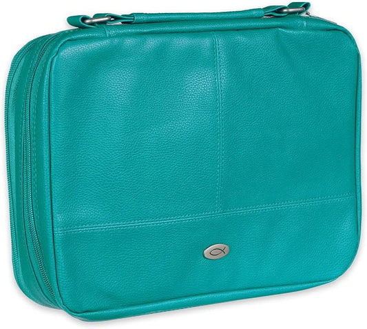 Christian Art Gifts Inspirational Vegan Leather Two-fold Organizer Bible Cover for Women, Jesus Fish Badge, Sturdy Carry Handle, Pen Loops, Pockets, Pen/Highlighter Combo & Notepad, Turquoise, Large