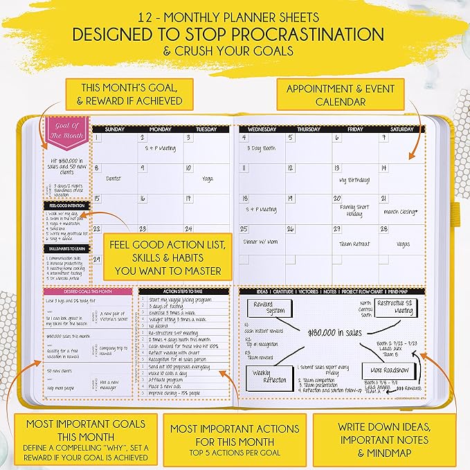 Deluxe Weekly and Monthly Planner | Law of Attraction Planner with Productivity App | 12-Month for Productivity, Gratitude & Goal Setting | Includes Foldable Vision Board, Gift Box & Stickers
