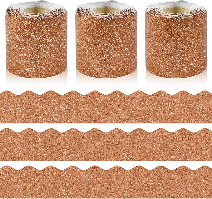 3 Rolls 98.4 Ft Glitter Bulletin Board Borders Set - Khaki Bulletin Board Decorations for Classroom, Office，School Supplies & Home DIY - Perfect for Teachers, Posters & Birthday Party Decor