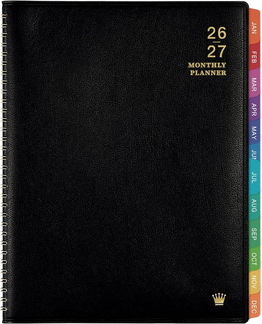 2026-2027 Monthly Planner/Calendar - Jul 2026 - Dec 2027, Monthly Planner 2026-2027, 18 Months, Faux Leather, 8.86" x 11.4", 15 Notes Pages, Strong Twin - Wire Binding, Tabs, Perfect Organizer - Black