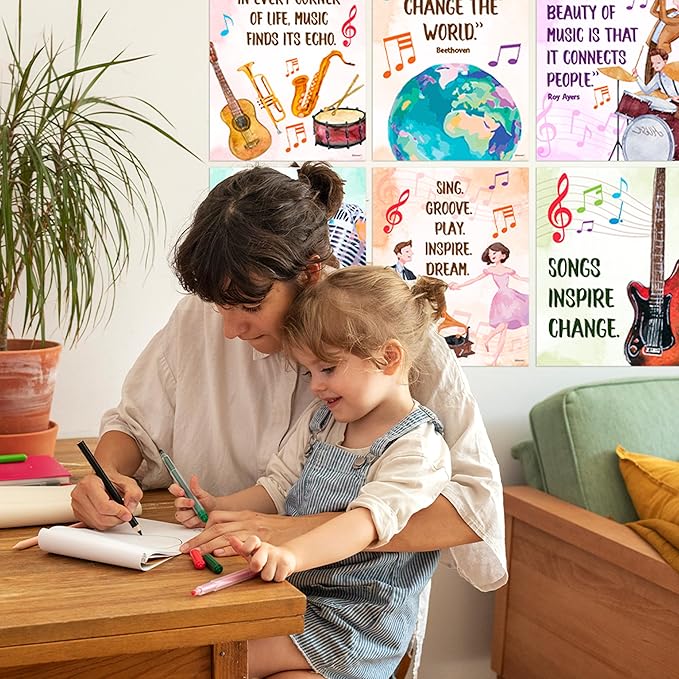 Decorably 15 Music Posters for Classroom Elementary and High School, 11x14in Inspirational Matte-Laminated for Learning Spaces, Hallways, Bulletin Boards, Home Study Room