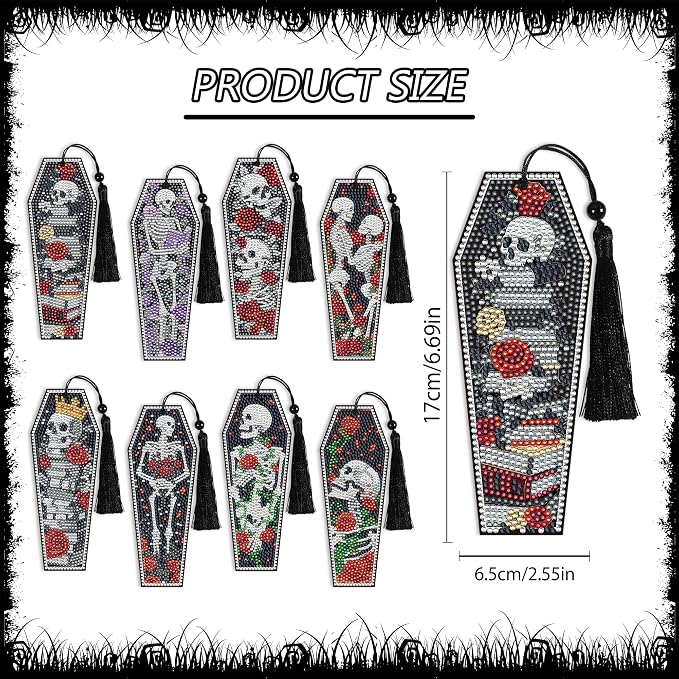 8 Pcs Gothic Skeleton Diamond Art Bookmarks Kit, Skull Halloween Diamond Painting Bookmarks with Tassels for Adults, DIY Horror Book Mark Craft Set for Women Men Reading Lovers
