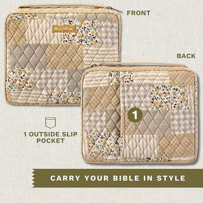 Bella Taylor Quilted Bible Cover for Women, Cotton Fabric Bible Case for Medium and Large Study Bibles, Prairie Meadow Patch