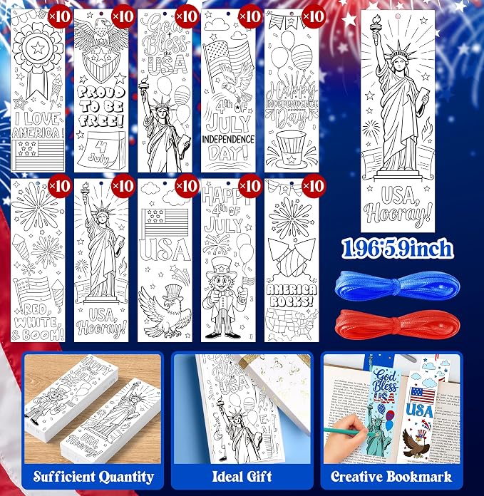 100Pcs Patriotic Color Your Own Bookmarks, 4th of July DIY Coloring Blank Bookmarks with Ribbons Independence Day Art Crafts Supplies Classroom Rewards Gifts USA American Holiday Party Favors for Kids
