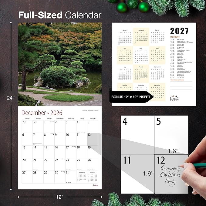 MICASA PRESS Gardens 2026 Wall Calendar 12 Month | 12" x 24" Open | Thick & Sturdy Paper | Giftable | Nature Calendar 2026