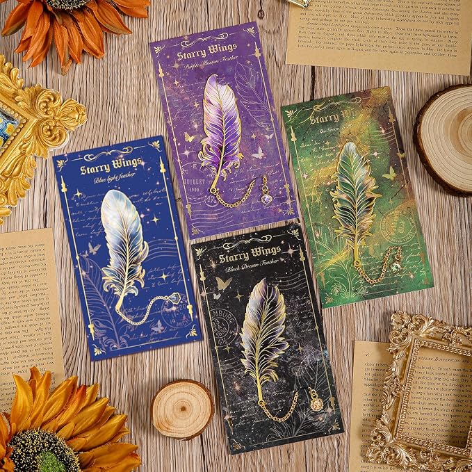 Feather-Shaped Metal Bookmarks with Chain, 4-Pack Vintage-Inspired Book Marks Set - Cute Unique Page Markers Gifts for Book Lovers, Readers, Writers, Reading Women, Men, Kids, Teens (Starry Wings)