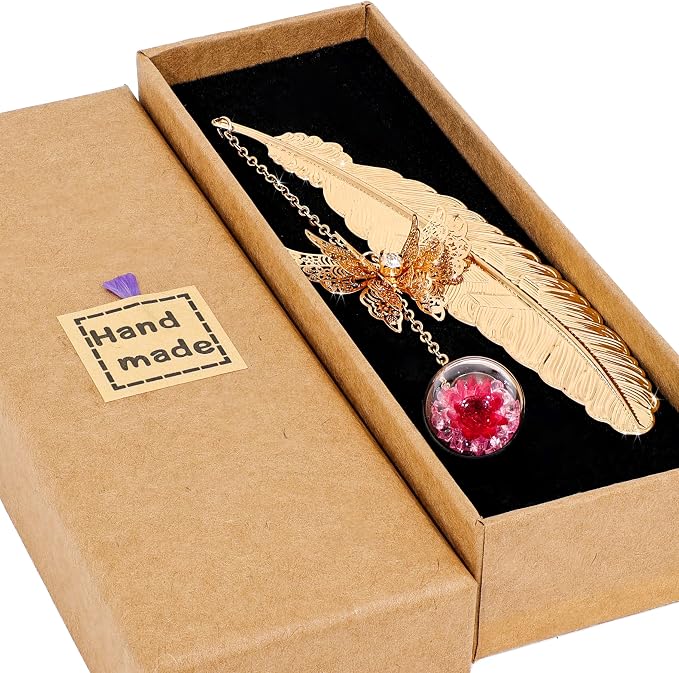 Teacher Retirement Gifts - Metal Feather Bookmark with 3D Butterfly & Real Dried Flower Pendant - Bookmark for Women & Book Lovers Under 10 Dollars - Gift Box Included