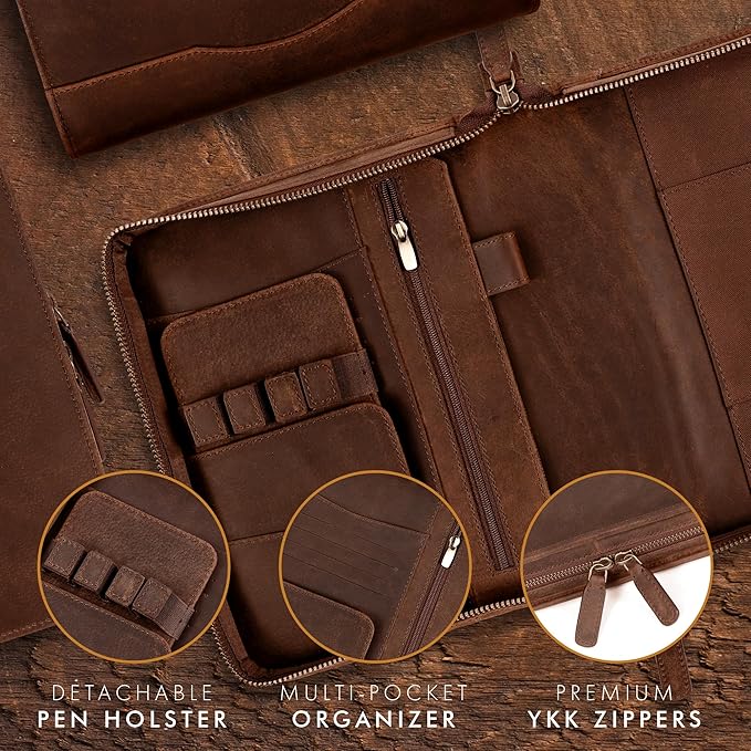 ELIZO Leather A5 Portfolio Padfolio Folio A5 Notebook Journal Cover Planner Binder Small Mens Business Work Folder Organizer (Grizzly)