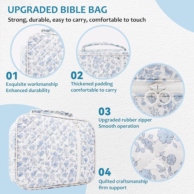 Bible Cover Case For Women,Large Bible Bag with Study Supplies,Quilted Bible Carrying Case for Girls,Portable Bible Case with Highlighter, Pens,Tabs,Bible Study Gifts for Women