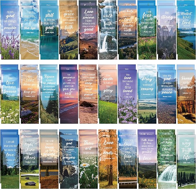 TICIAGA Landscape Bible Bookmark with Full Scripture - 60Pcs Bible Verse Religious Nature Bookmark for Men, Summer Holiday Scripture Bookmark for Book Lover, Christian Church Easter Gift for Men Women