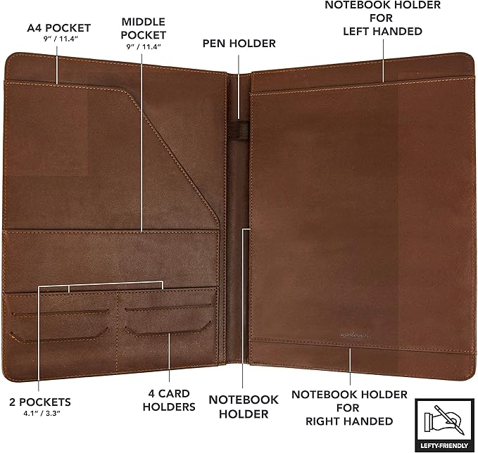 Wundermax Portfolio Binder - 12.8 x 9.8 x 0.6 Inch Vegan Leather Padfolio for Women and Men w/Notepad, Pockets for Tablet, Resume and Documents - Brown