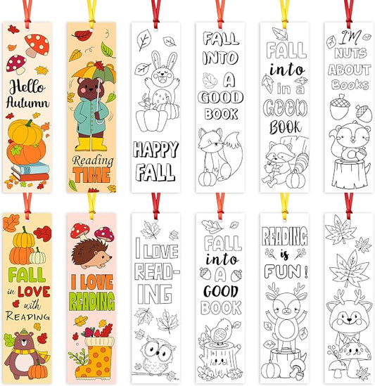 Fall Animal Color Your Own Bookmarks for Kids -120Pcs Fall DIY Coloring Blank Bookmark with Squirrel Hedgehog Classroom Art Craft Supplies for Students Halloween Thanksgiving Reward Goodie Fillers