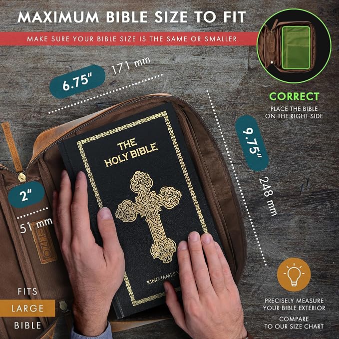 ELIZO Leather Bible Cover for Men Bible Case Women Holder Carrying Organizer Wrap Sleeve Protector Christian Religious Gift Cross Bookmark – Large Antique Brown