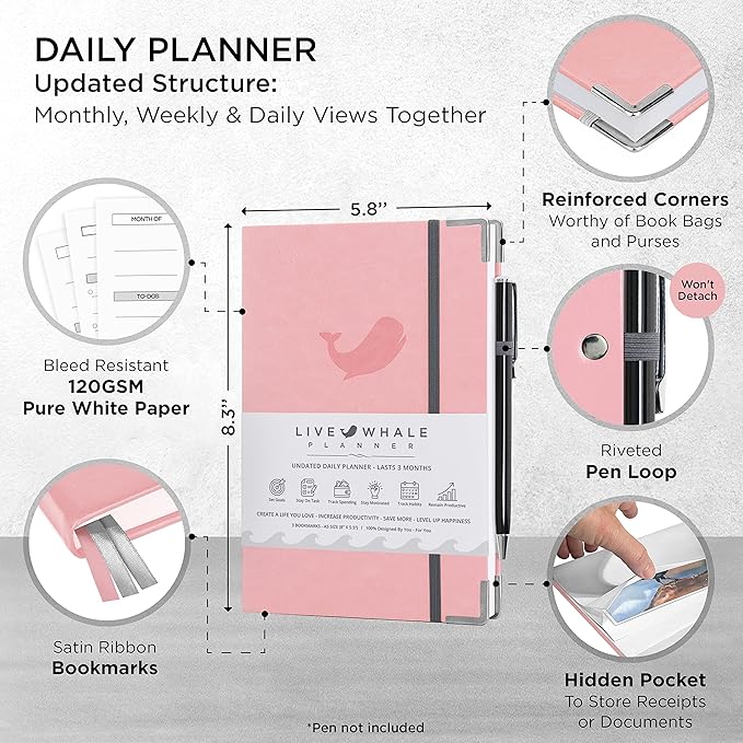 Closeout Edition Live Whale - 90 Day Organizer Mindfulness Journal for Busy People - Pink Personal Scheduler for Goal Setting | Focus with Notes & Journaling | Goal Setter Journal (Pink/Grey)