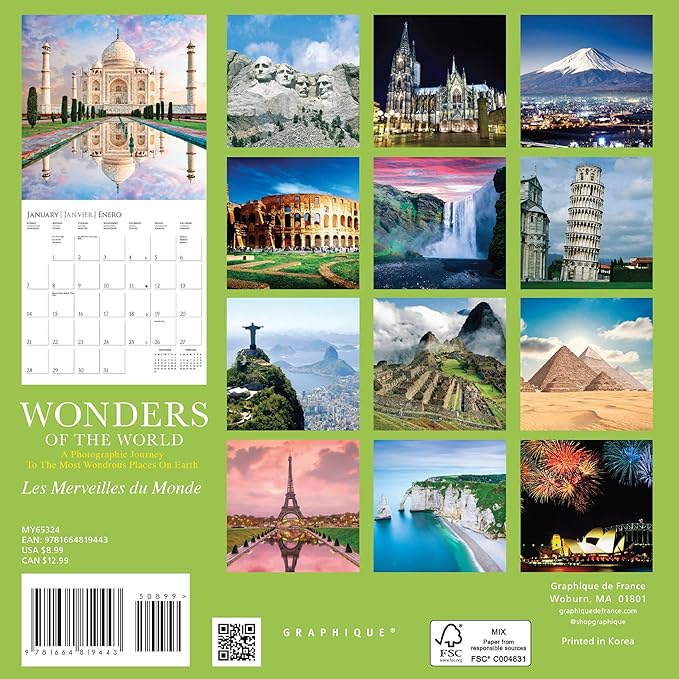 Graphique 2024 Wonders of the World Mini Wall Calendar | 7” x 7” | Thick Paper | Home & Office Organizer | Large Monthly Grid | 3 Languages & Marked Holidays | 4 Month Preview Page for 2025