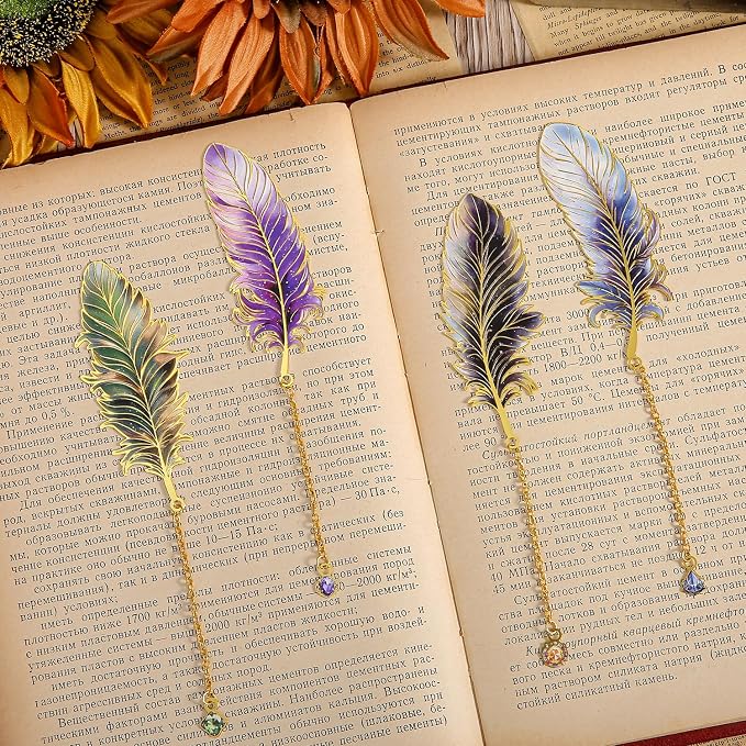 Feather-Shaped Metal Bookmarks with Chain, 4-Pack Vintage-Inspired Book Marks Set - Cute Unique Page Markers Gifts for Book Lovers, Readers, Writers, Reading Women, Men, Kids, Teens (Starry Wings)