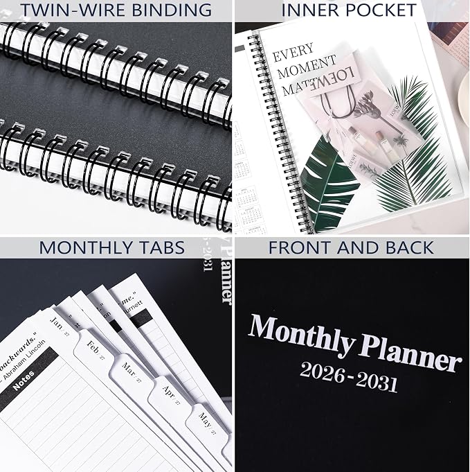 2026-2031 Monthly Planner/Calendar - Jul 2026 - Jun 2031, 5 Year Monthly Planner with Tabs & Celebrity Quotes, 9" x 11", Famous Quotes, Two-Side Pocket, Suitable for Long-Term Planning, Black