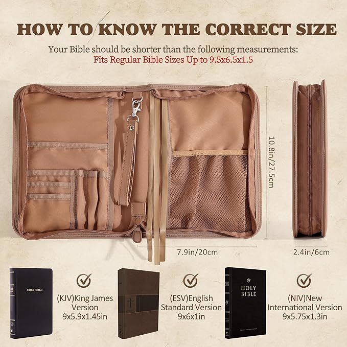 Vintage Bible Cover Case, Genuine PU Leather Large Bag with Handle & Zippered Pocket, Elegant Floral Pattern, for Standard Size & Bible Accessories, Ideal Gift for Women Families Faith Lovers