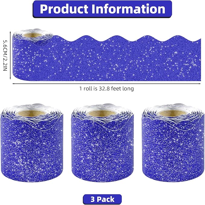 3 Rolls 98.4 Ft Glitter Bulletin Board Borders Set - Royal Blue Bulletin Board Decorations for Classroom, Office，School Supplies & Home DIY - Perfect for Teachers, Posters & Birthday Party Decor