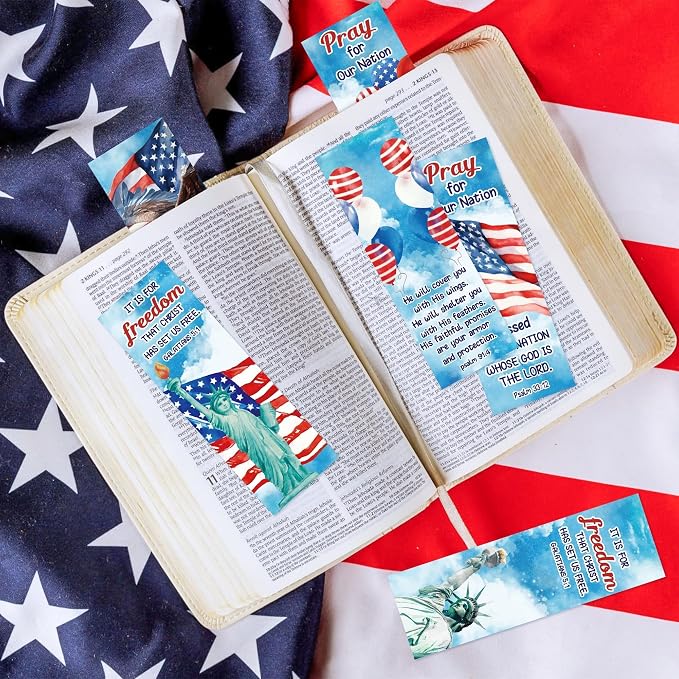 TICIAGA 250th Anniversary Watercolor Religious Bookmarks - 60Pcs 4th of July American Stars and Stripes Prayer Patriotic Bookmarks for Kids, Memorial Day Church Christian Giveaways for Sunday School