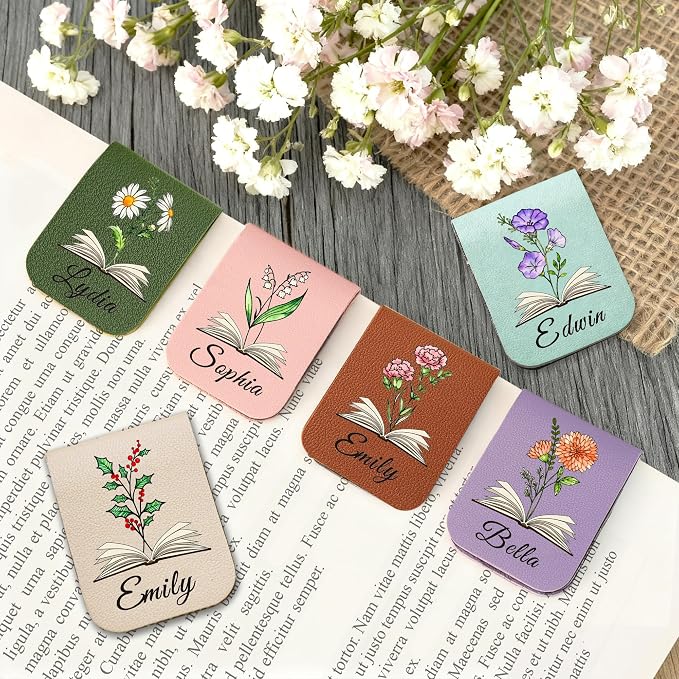 EDSG Personalized Magnetic Bookmarks, Leather Bookmark Clip with Birth Flower & Name, Custom Bookmarks for Book Lovers, Readers, Teacher, Book Mark for Women Men Christmas (Beige-Magnetic V1)