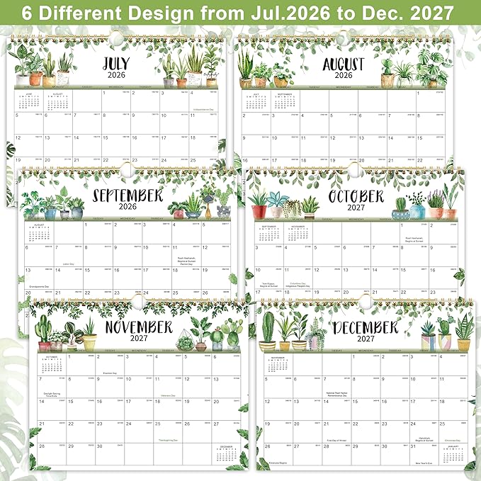 Wall Calendar 2026-2027 - Calendar 2026-2027, Jul. 2026 - Dec. 2027, 11" x 8.5", Wall Calendar 18 month with Twin-Wire Binding + Thick Paper - Plants