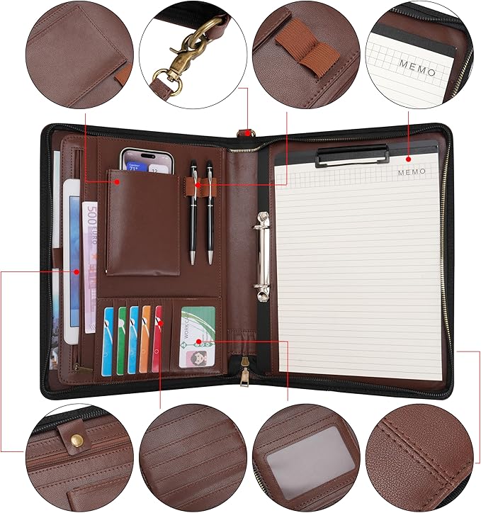 Wason A4 Portfolio with Zipper - Leather PU Padfolio with Detachable Ring Binder and Writing Notepad Holder, Conference File Multi-Pockets Organizer for Office Travel School (Coffee)