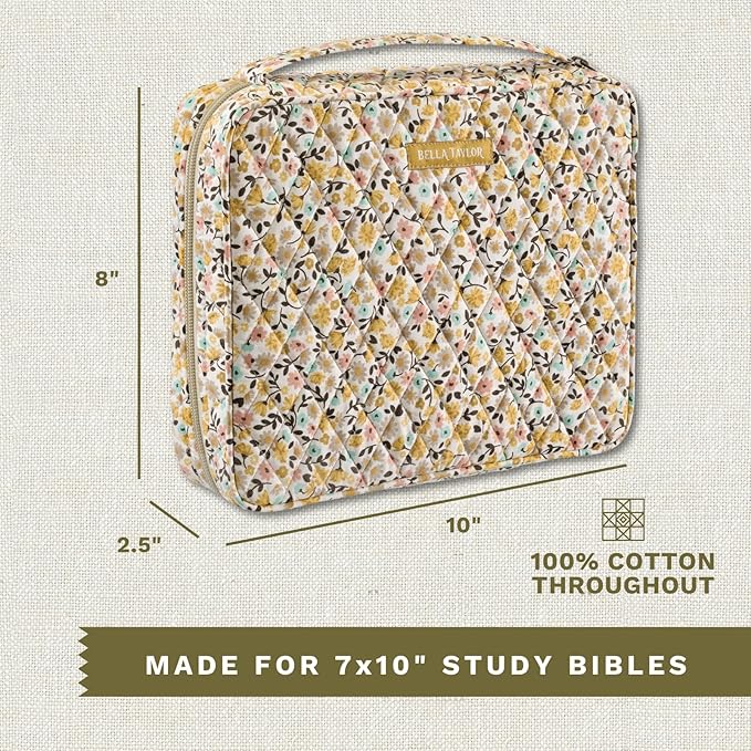Bella Taylor Quilted Bible Cover for Women, Cotton Fabric Bible Case for Medium and Large Study Bibles, Prairie Meadow