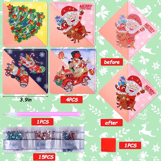 Christmas Diamond Art Bookmarks, 4 PCS Cute Diamond Art Bookmarks for Book Lovers, Christmas Gift DIY Diamond Art Accessories, Diamond Art Kits for Adults