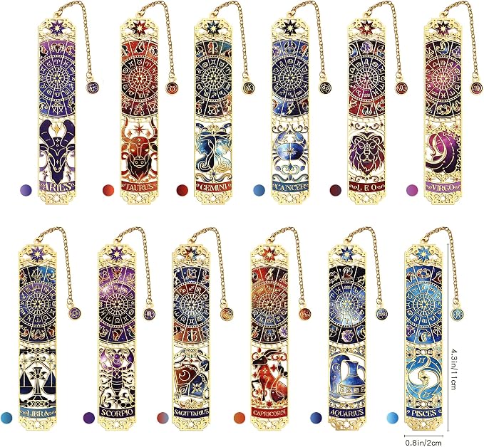12 PCS Zodiac Theme Metal Bookmark for Women, Gold Hollow Astrology Bookmarks Set Funny Book Mark for Girls, Teenage, Student, Readers, Men, Horoscope Themed Gifts for Book Lovers, Birthday Present