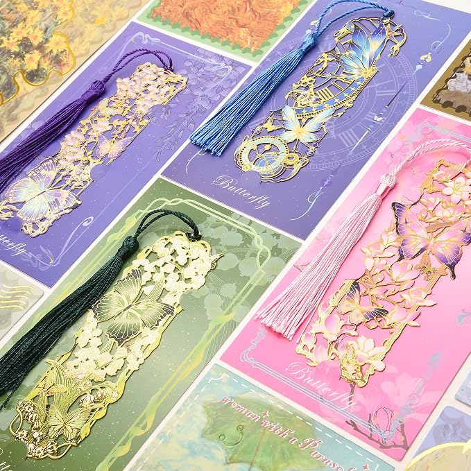 4 Pcs Metal Bookmarks Set with Tassels, Beautiful Floral and Butterfly Cutout Bookmarks for Reading Lovers Book Lovers Gifts, for Women, Men, Kids, Girls, Readers