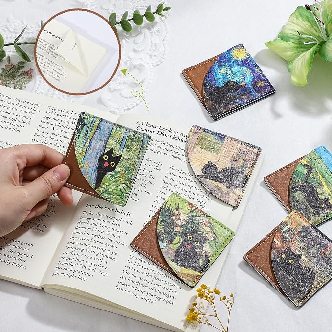 6Pcs Black Cat Corner Bookmark, 2.76 x 2.76in PU Leather Bookmarks, Cute Bookmarks for Women, Mothers Day Gifts, Reading Book Page Markers for Book Lovers Gift, Student, Teacher