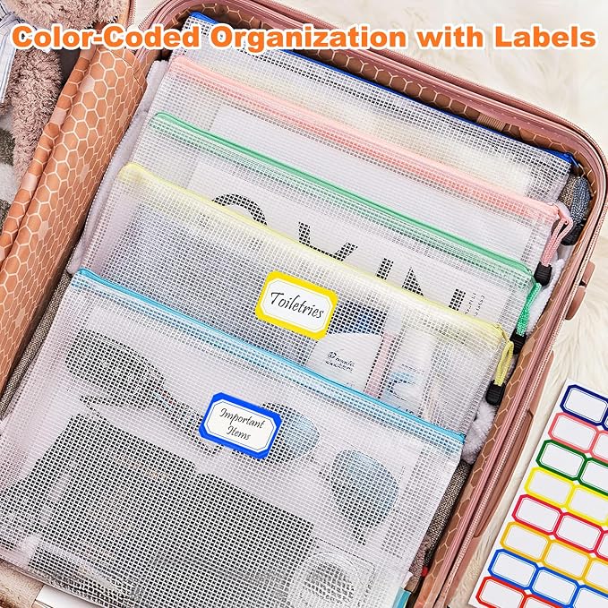 Mesh Zipper Pouch Bags: Clear Zipper Pouches for Classroom, Plastic Mesh Bag Letter Size Document Pouch, A4 Waterproof Organizing Pouch for School and Office Supplies (13.5 x 9.5Inch, 12PCS, 6 Color)
