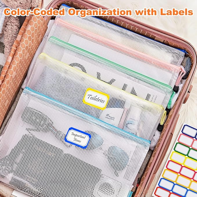 Mesh Zipper Pouch Bags: Clear Zipper Pouches for Classroom, Plastic Mesh Bag Letter Size Document Pouch, A4 Waterproof Organizing Pouch for School and Office Supplies (13.5 x 9.5Inch, 6PCS, 6 Color)