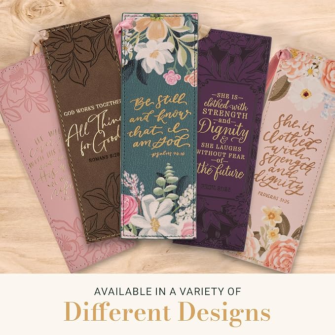 Christian Art Gifts Premium Vegan Leather Inspirational Scripture Bookmark for Women: Strength & Dignity Encouraging Bible Verse, Satin Ribbon, Reading Accessory, Books, Bibles, Pink Multicolor Floral