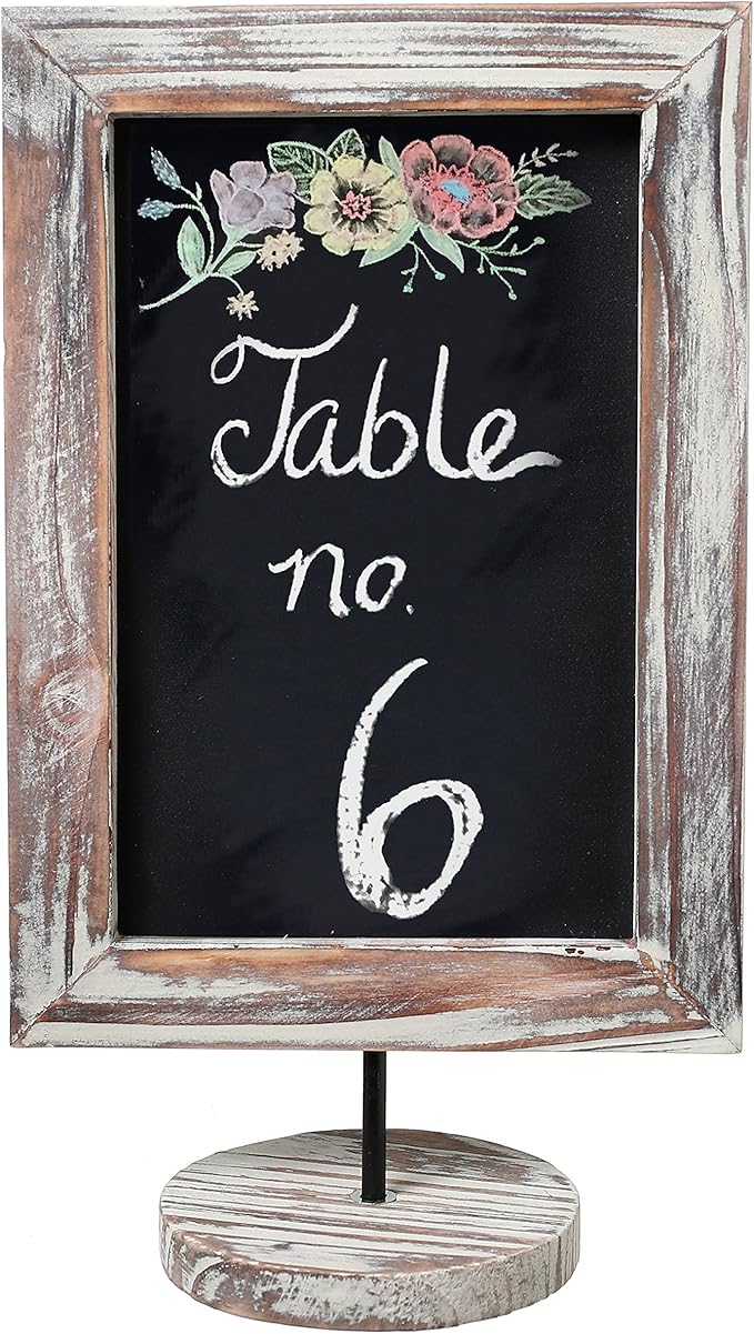 MyGift Set of 2, 12 Inch Chalkboard Sign with Torched Wood Rectangular Frame and Round Base, Rustic Wedding Table Place Card Signage, Small Kitchen Countertop Memo Board