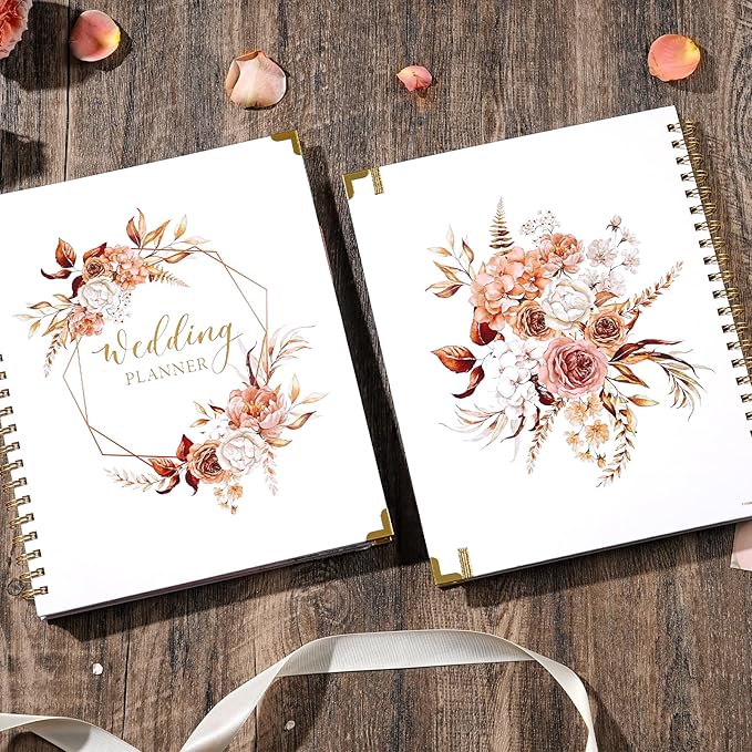 Wedding Planner Book and Organizer for the Bride - Planning With Tabbed Sections, 8.5" x 11", Hardcover, Metal Corner, 5 Inner Pockets, Sticker