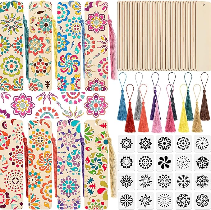 TaoBary 92 Pcs Wood Bookmark Making Kit Includes 36 Unfinished Blank Bookmarks 36 Tassels 20 Templates Craft for DIY Crafts, Painting, Valentine's Day, Mother's Day Gift, (Flower, 4.8 x 1.3 Inch)