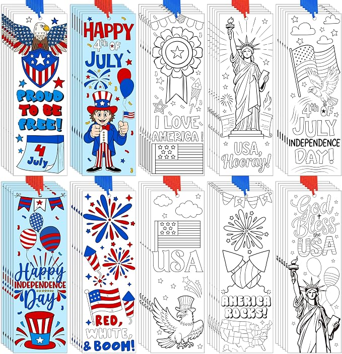 100Pcs Patriotic Color Your Own Bookmarks, 4th of July DIY Coloring Blank Bookmarks with Ribbons Independence Day Art Crafts Supplies Classroom Rewards Gifts USA American Holiday Party Favors for Kids