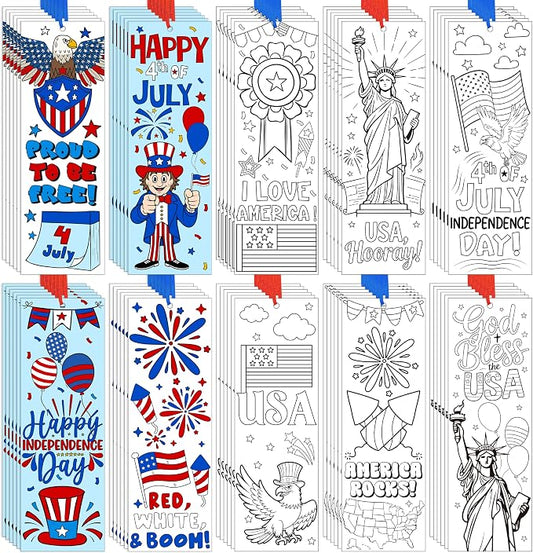 100Pcs Patriotic Color Your Own Bookmarks, 4th of July DIY Coloring Blank Bookmarks with Ribbons Independence Day Art Crafts Supplies Classroom Rewards Gifts USA American Holiday Party Favors for Kids