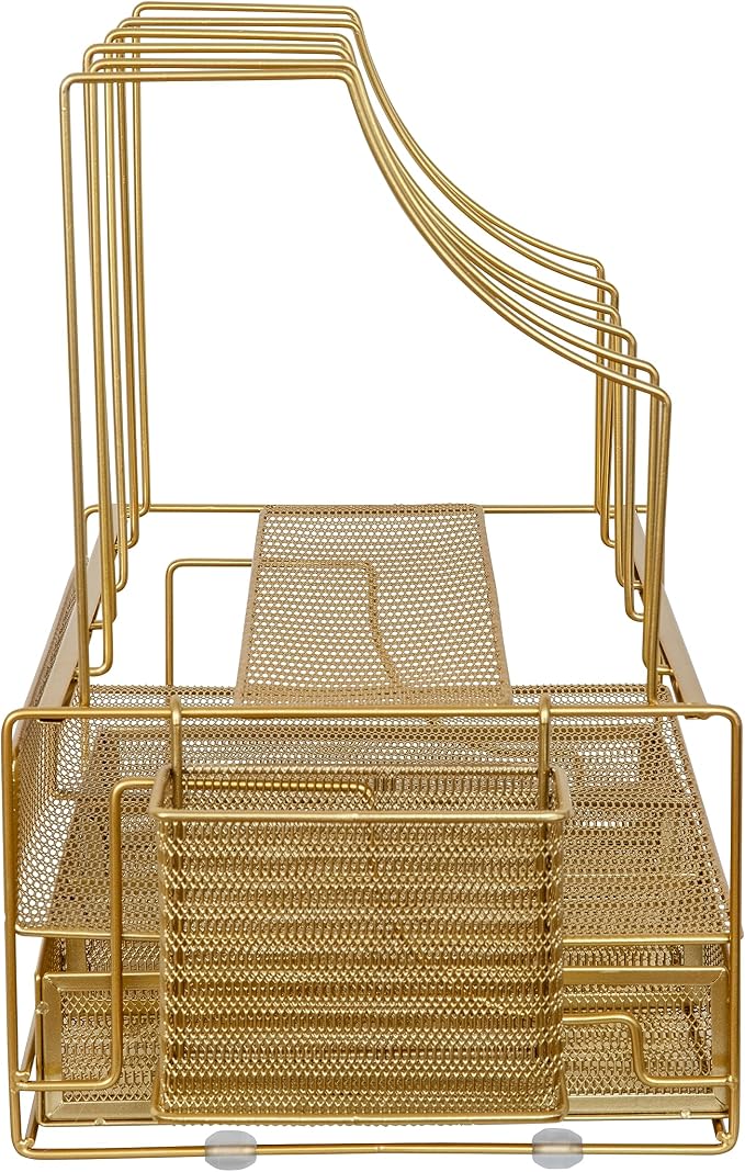 Martha Stewart Ryder Gold Mesh Metal Large Desktop Organizer With Paper File Letter Holder Organizer and Drawer