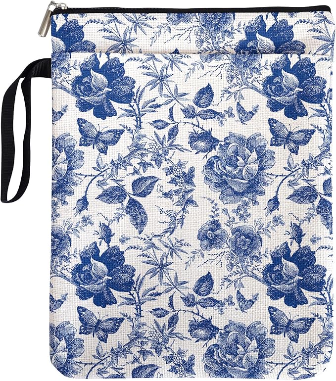 Blue and White Porcelain Vintage Chinoiserie Printing Book Lovers Gifts Book Sleeve for Women Grandma Readers Librarian with Handled Waterproof BookCover Case Book Club Gifts Book Accessories