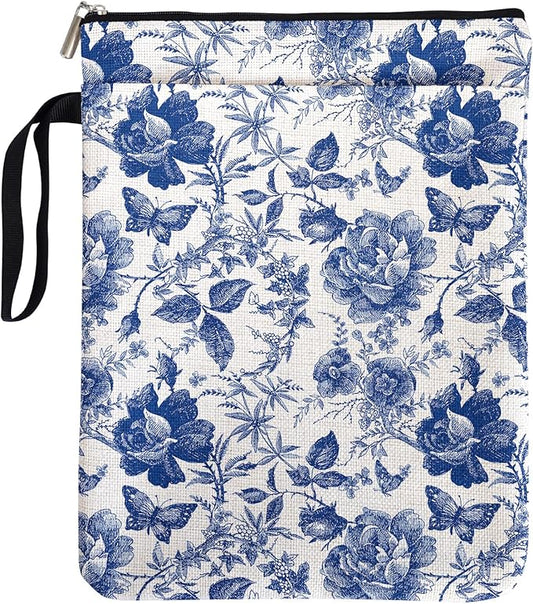 Blue and White Porcelain Vintage Chinoiserie Printing Book Lovers Gifts Book Sleeve for Women Grandma Readers Librarian with Handled Waterproof BookCover Case Book Club Gifts Book Accessories