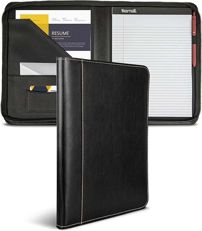 Samsill Contrast Stitch Leather Zippered Portfolio Folder/Business Portfolio for Men and Women, Resume/Document Organizer with Writing Pad, Black (71720)