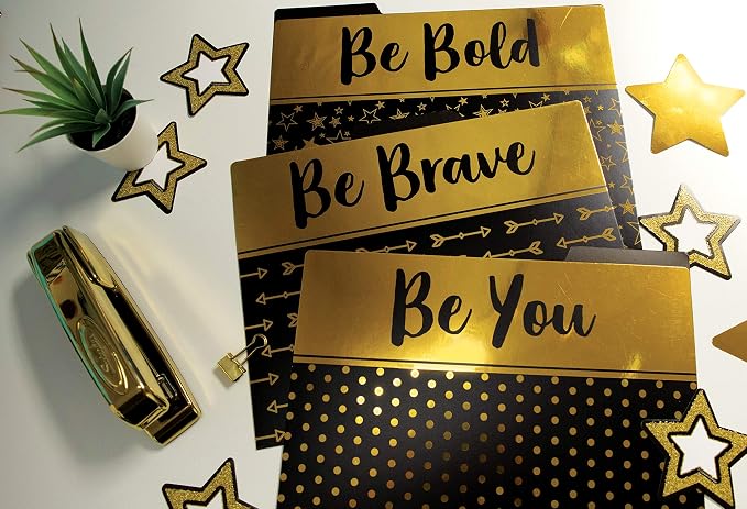 Carson Dellosa 6-Pack Positive Affirmation File Folders, Black and Gold Paper Organizers With Pockets for Filing Cabinet, Classroom Organization, Desk Accessories, Teacher Must Haves, Office Supplies