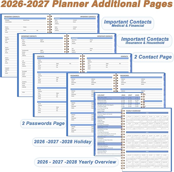 2026-2027 Monthly Planner 7.4'' x 9.6'', 18 Months Jul 2026–Dec 2027, Academic Agenda with Pocket, 120GSM Thick Paper, Waterproof PP Cover, Twin-Wire Binding, Blue