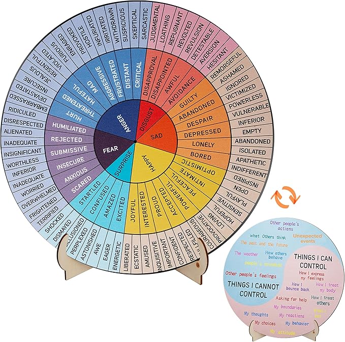 Feelings Wheel Therapy Office Decor, 5.8 Inches Diameter Double Sided Mental Health Decor Emotion Wheel with Stand, Wooden Coping Wheel Chart Gifts for School, Therapy Office, 2025 Upgrade