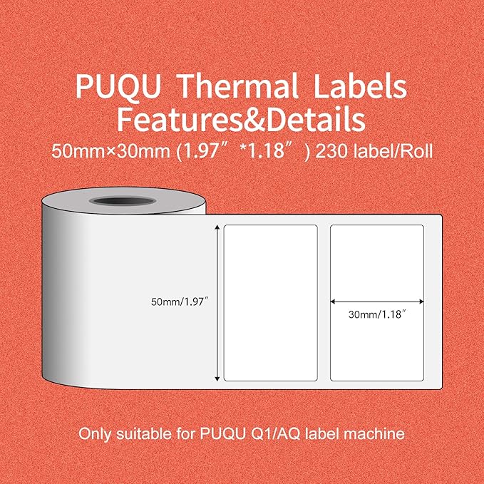 PUQU 50x30mm Direct Thermal Sticker Labels, Self-Adhesive All-Purpose Label Maker Tape, Compatible with AQ/Q1 Series Label Printer, Refills Standard Laminated Office Labeling, 1 Rolls of 230 Labels