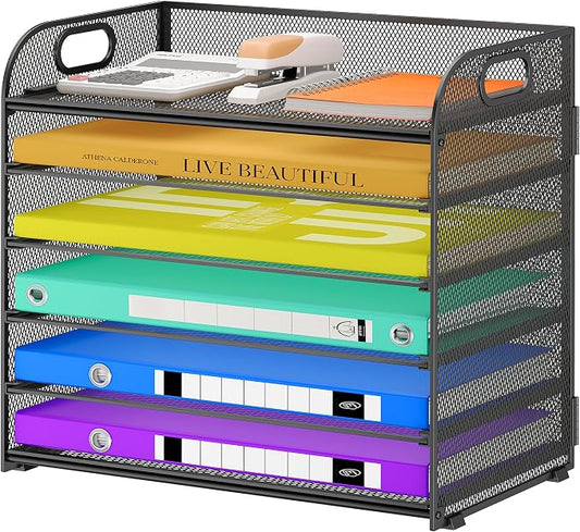 Cawukege 6 Tier Paper Organizer, Black Letter Tray with Handle, Mesh Desk Organizer, Metal File Organizer, Office Desk Accessories for Home, Office, Classroom, School