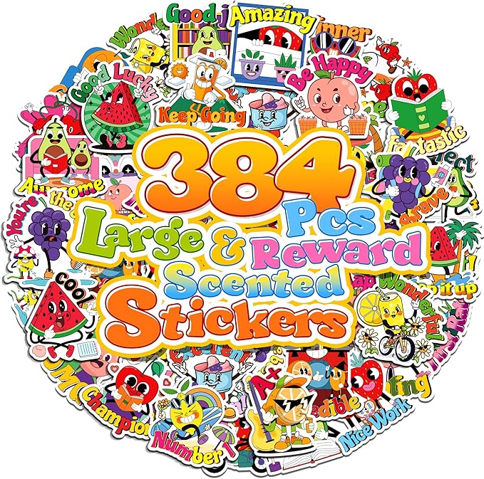 384PCS Scratch and Sniff Stickers for Kids, Large Scented Reward Smelly Fruits Stickers, Motivational Incentive Fun Sticker with Positive Words for Students School Teachers Must Haves, 32 Designs
